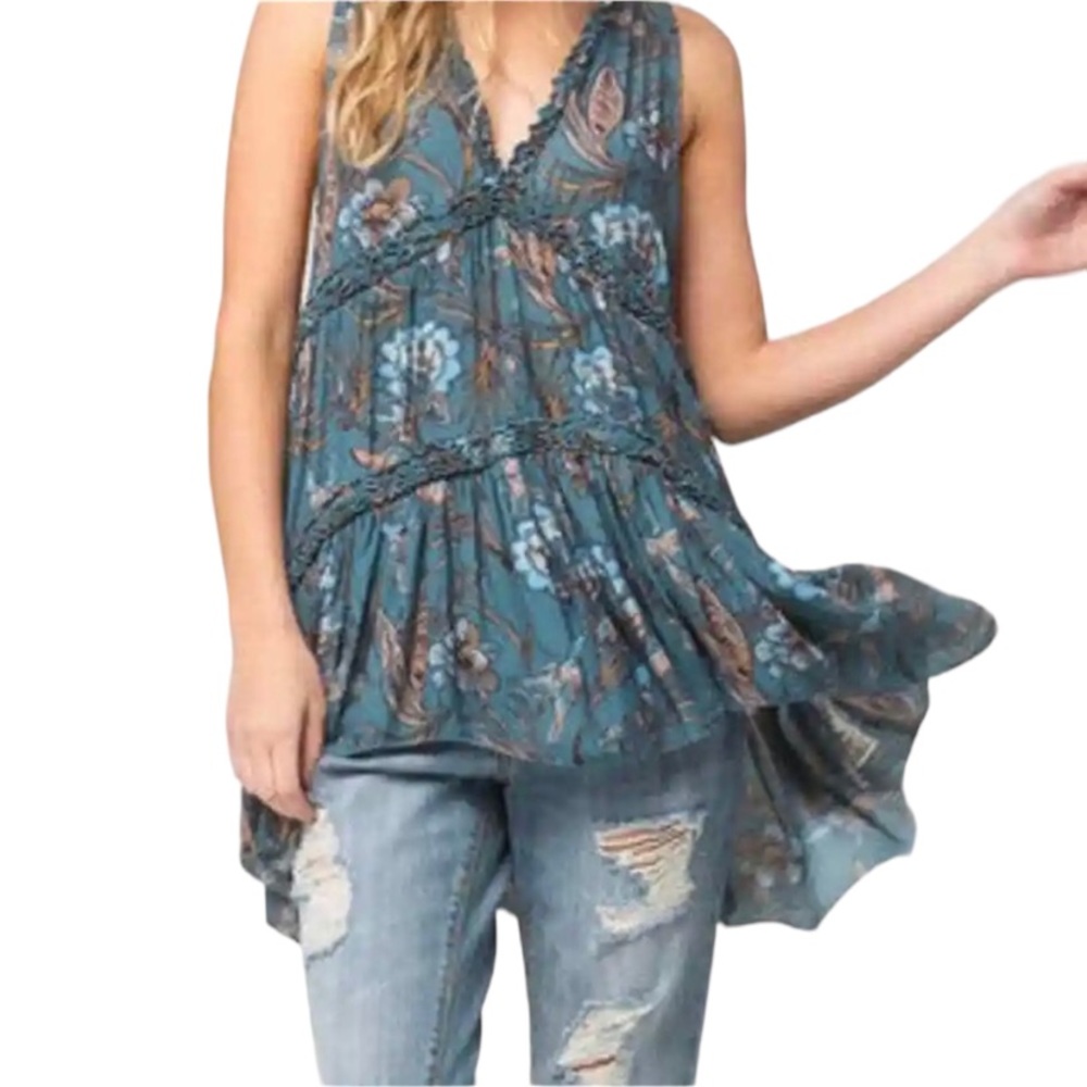 FREE PEOPLE Purple Haze Sleeveless Top Floral Hummingbird Print Small